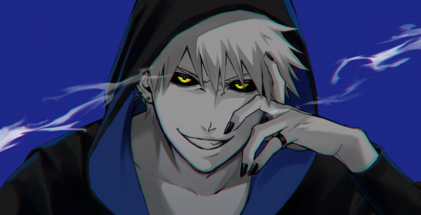 1boy black_hoodie black_nails black_sclera bleach blue_background colored_sclera colored_skin earrings grey_skin grin highres hollow_ichigo hood hoodie jewelry konetaa long_sleeves looking_at_viewer male_focus smile solo teeth yellow_eyes