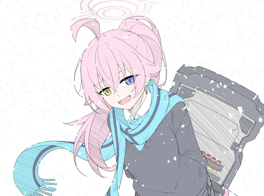 1girl absurdres aged_down ahoge alternate_costume aqua_necktie aqua_scarf blue_archive blue_eyes blush fang fangs grey_sweater halo heterochromia highres hoshino_(blue_archive) long_hair masabodo necktie open_mouth pink_hair ponytail riot_shield scarf shield sidelocks simple_background sketch skin_fangs smile solo sweater sweater_vest upper_body very_long_hair white_background yellow_eyes