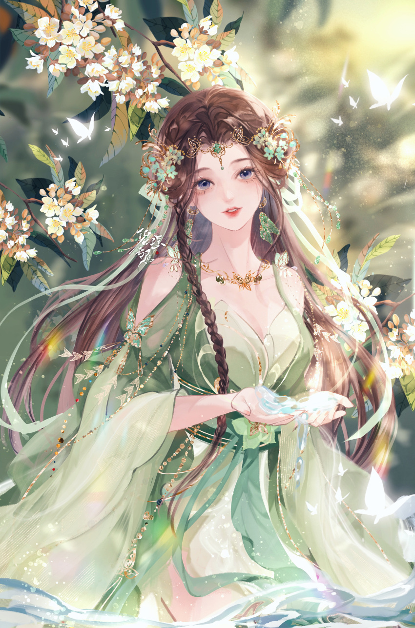 1girl absurdres artist_request baiguio_(zhu_xian) blue_eyes branch brown_hair bug butterfly clothing_cutout dress flower glowing_butterfly green_dress hair_ornament highres jewelry long_hair necklace parted_lips sash second-party_source shoulder_cutout solo teeth upper_body water water_in_hands zhu_xian