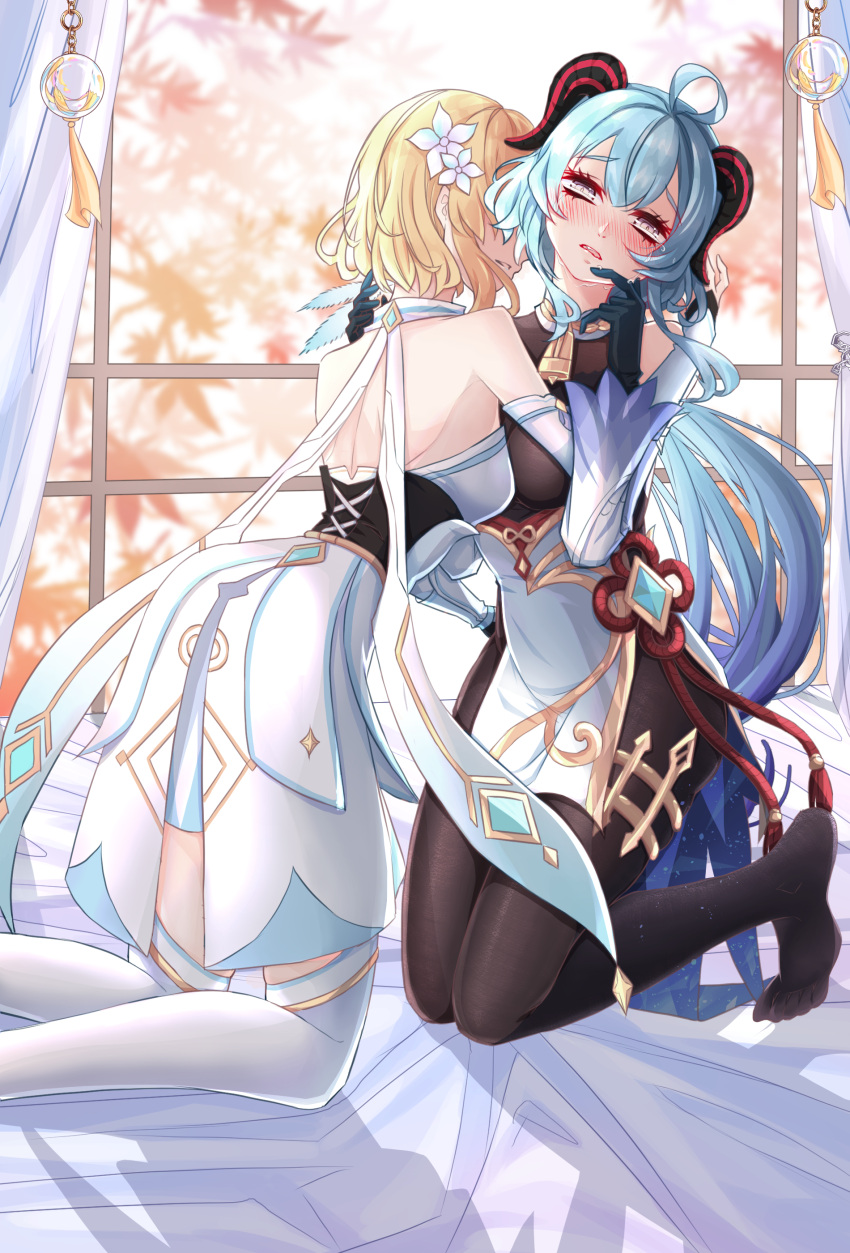 2girls absurdres ahoge backless_dress backless_outfit bell black_pantyhose blonde_hair blue_hair blush breasts crying crying_with_eyes_open detached_sleeves dress feather_hair_ornament feathers fingerless_gloves flower ganyu_(genshin_impact) genshin_impact gloves hair_ornament highres horns kneeling long_hair lumine_(genshin_impact) multiple_girls pantyhose pelvic_curtain rope scarf shenlan_yu_jiangzi short_hair short_hair_with_long_locks tears vision_(genshin_impact) white_dress white_scarf yuri