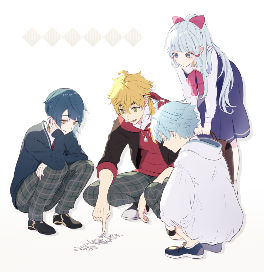 1girl 3boys ahoge asymmetrical_hair bag bangs bent_over black_footwear black_headband black_jacket blonde_hair blue_cardigan blue_dress blue_eyes blue_footwear blue_hair blunt_bangs blush bow brown_bag cardigan chongyun_(genshin_impact) chongyun_(gigo)_(genshin_impact) closed_mouth collared_shirt commentary_request contemporary crossed_bangs dog_tags dress eyelashes facing_away full_body genshin_impact green_eyes grey_pants hair_bow hair_over_shoulder hair_ribbon hand_up head_rest headband highres holding holding_bag hood hood_down hoodie jacket jewelry kamisato_ayaka kamisato_ayaka_(gigo) long_hair long_sleeves looking_down low_ponytail mole mole_under_eye multiple_boys neck_ribbon necklace official_alternate_costume open_clothes open_jacket open_mouth pants pantyhose parted_bangs pink_bow pink_ribbon plaid plaid_pants pointing ponytail red_hoodie ribbon sailor_collar school_uniform shirt shoes short_hair sidelocks simple_background sitting sleeves_past_wrists sleeves_rolled_up smile smirk squatting standing teeth thoma_(genshin_impact) thoma_(gigo)_(genshin_impact) urooooboe very_long_hair white_background white_hoodie white_pantyhose white_sailor_collar white_shirt wing_collar xingqiu_(genshin_impact) xingqiu_(gigo)_(genshin_impact) yellow_eyes