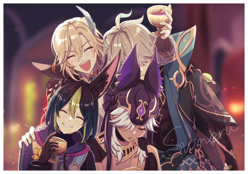 4boys :d ^_^ alcohol alhaitham_(genshin_impact) animal_ear_fluff animal_ears animal_hat arm_around_shoulder arm_up bangs black_choker black_gloves black_hair black_headwear black_ribbon black_shirt blonde_hair blunt_ends blurry blurry_background blush bokeh border cape choker closed_eyes closed_mouth commentary_request cup cyno_(genshin_impact) dark-skinned_male dark_skin depth_of_field drawstring drinking_glass drunk elbow_gloves eyelashes fake_animal_ears feather_hair_ornament feathers fingerless_gloves flower fox_ears frown genshin_impact gloves gold_trim green_cape green_hair grey_hair grin hair_between_eyes hair_ornament hair_over_one_eye hand_on_another's_shoulder hand_up hat holding holding_cup hood hood_down hoodie jackal_ears kaveh_(genshin_impact) lens_flare long_hair long_sleeves male_focus multicolored_clothes multicolored_hair multiple_boys one_eye_covered open_mouth outside_border parted_bangs red_cape ribbon shirt short_hair short_sleeves shoulder_cape sidelocks sleeping smile swept_bangs teeth tighnari_(genshin_impact) two-tone_hair upper_body urooooboe white_border white_hair white_shirt wine wine_glass wrist_cuffs yellow_flower