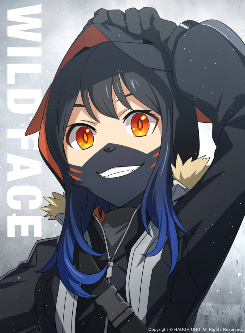 &copy; adjusting_clothing animal_humanoid black_hair blue_hair bust_portrait canid canid_humanoid canine canine_humanoid clothing coat digital_media_(artwork) dog_humanoid english_text facial_markings female fur_trim_(clothing) gloves gradient_hair grin hair handwear head_markings hi_res hood hood_up humanoid layer_(artist) light_body light_skin looking_at_viewer mammal mammal_humanoid markings multicolored_hair orange_eyes portrait smile snout solo symbol text topwear zipper