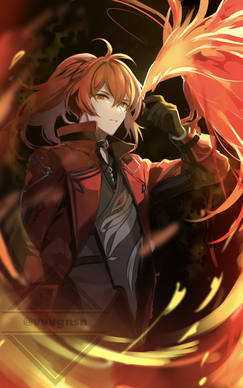 1boy absurdres animal_on_arm antenna_hair arm_up artist_name bangs bird bird_on_arm black_gloves black_shirt collared_jacket commentary_request diluc_(genshin_impact) diluc_(red_dead_of_night)_(genshin_impact) fire floating_hair genshin_impact gloves grey_vest hair_between_eyes high_ponytail highres jacket lapels light_particles lofter_username long_hair long_sleeves looking_at_viewer male_focus mmmgnsn official_alternate_costume open_clothes open_jacket parted_lips phoenix ponytail red_eyes red_hair red_jacket shirt sidelocks solo vest