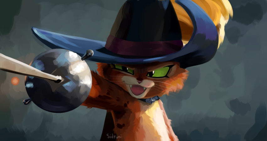 1boy animal_nose arm_up artist_name black_cape cape cat_boy cavalier_hat fangs feathers furry furry_male green_eyes hat hat_feather highres holding holding_sword holding_weapon looking_at_viewer ocado7 open_mouth orange_cat orange_fur puss_in_boots puss_in_boots:_the_last_wish puss_in_boots_(shrek) signature simple_background solo standing sword weapon yellow_feathers