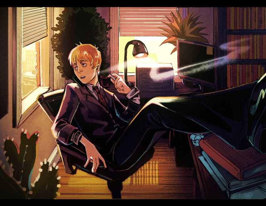 1boy absurdres black_pants blonde_hair bookshelf cactus feet_on_table formal highres indoors lamp leaning_back male_focus mob_psycho_100 monitor necktie open_mouth pants plant potted_plant red_necktie reigen_arataka short_hair sitting smoking solo suit window wooden_floor wormfolk