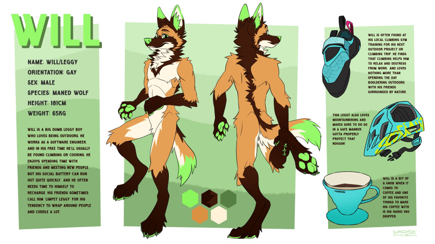 absurd_res anthro artist_name brown_body brown_fur canid canine cheek_tuft crotch_tuft dark_body dark_fur english_text facial_tuft featureless_crotch front_view fur glistening glistening_eyes green_eyes green_inner_ear_fluff green_nose green_pawpads hi_res inner_ear_fluff knee_tuft leg_tuft male mammal maned_wolf model_sheet mouth_closed multicolored_body multicolored_fur narrowed_eyes neck_tuft nude orange_body orange_fur pawpads rear_view simple_background solo standing text tuft white_body white_fur will_(inspectorpineapple) yookie