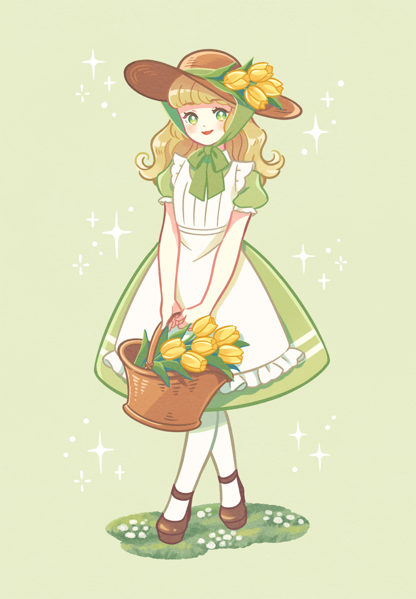 1girl apron bangs basket blonde_hair blunt_bangs brown_footwear dress flower full_body gemini_(kokoma) grass green_dress green_eyes hat highres long_hair looking_at_viewer mary_janes original pantyhose red_lips shoes smile solo tulip white_pantyhose yellow_flower yellow_tulip