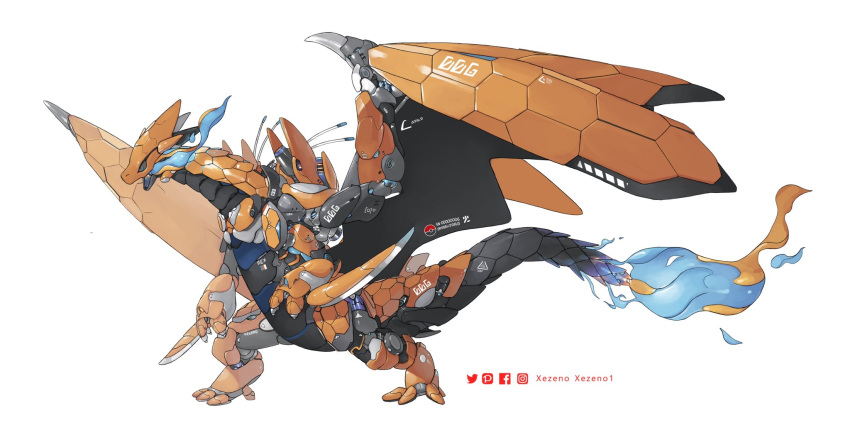 artist_name breathing_fire charizard claws facebook_logo fire flame-tipped_tail fusion highres instagram_logo joints mecha mechanical_tail mechanical_wings mechanization mega_charizard_x mega_charizard_y mega_pokemon no_humans non-humanoid_robot open_mouth pixiv_logo pokemon pokemon_(creature) robot robot_joints science_fiction solo standing tail thrusters twitter_logo wings xezeno