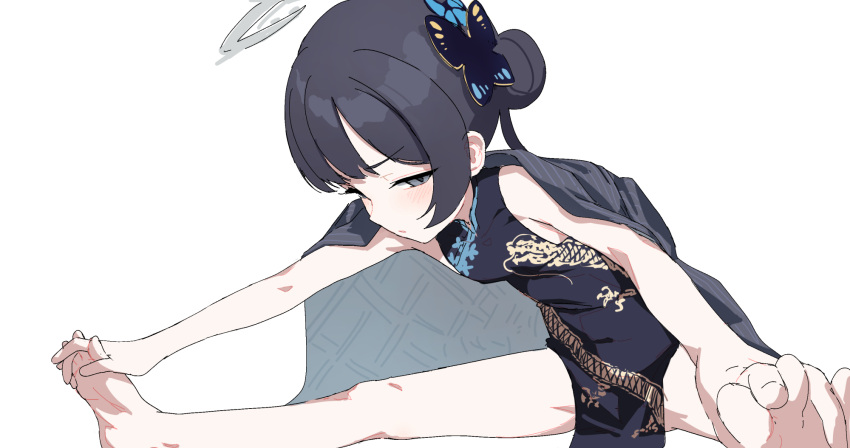 1girl barefoot between_toes black_dress black_hair black_jacket blue_archive blush breasts butterfly_hair_ornament china_dress chinese_clothes commentary dociracira dragon_print dress feet fingers_between_toes grey_eyes hair_ornament halo highres jacket jacket_on_shoulders kisaki_(blue_archive) long_hair looking_at_viewer parted_lips pelvic_curtain side_slit simple_background sleeveless small_breasts solo split white_background