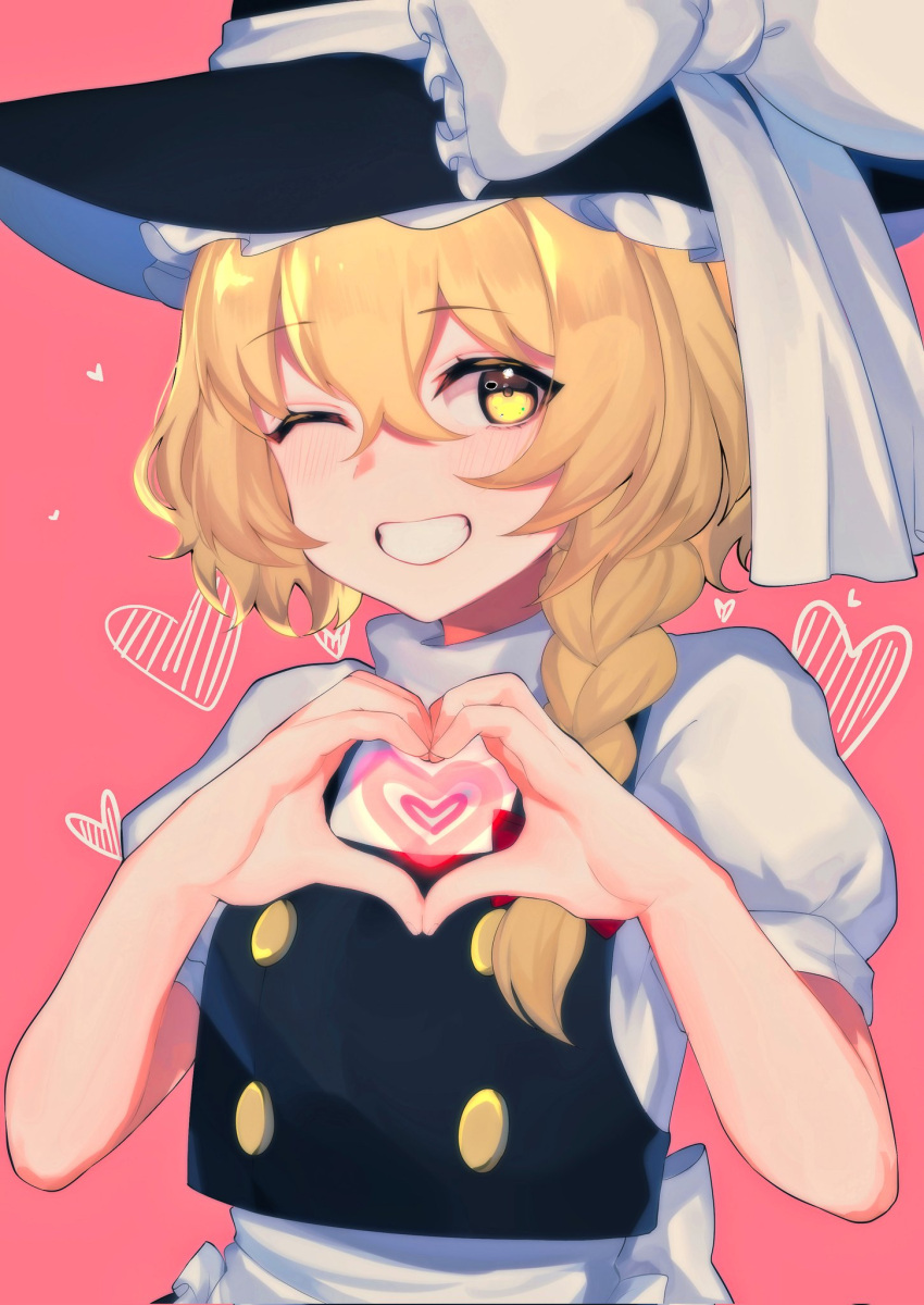 1girl ;d apron blonde_hair bow braid grin hat hat_bow heart heart_hands highres kirisame_marisa looking_at_viewer majime_joe one_eye_closed pink_background puffy_sleeves red_background smile solo teeth touhou waist_apron white_bow witch_hat yellow_eyes