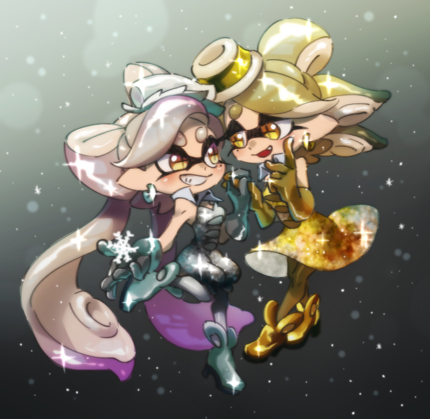 2girls :d ankle_boots bare_shoulders blonde_hair boots bow-shaped_hair callie_(splatoon) cousins cross-shaped_pupils detached_collar dress earrings elbow_gloves eye_contact fang food food_on_head full_body glint gloves gold_dress gold_footwear gold_gloves gradient_background gradient_hair green_hair grey_background grey_footwear grey_gloves grey_hair grey_jumpsuit grey_pantyhose grin high_heel_boots high_heels holding_hands jewelry jumpsuit long_hair looking_at_another marie_(splatoon) mole mole_under_eye multicolored_hair multiple_girls object_on_head open_mouth pantyhose purple_hair short_eyebrows short_hair short_jumpsuit smile snow snowflakes snowing sparkle splatoon_(series) splatoon_1 splatoon_2 strapless strapless_dress strapless_jumpsuit suction_cups symbol-shaped_pupils tentacle_hair two-tone_hair ukata very_long_hair yellow_eyes yellow_pantyhose