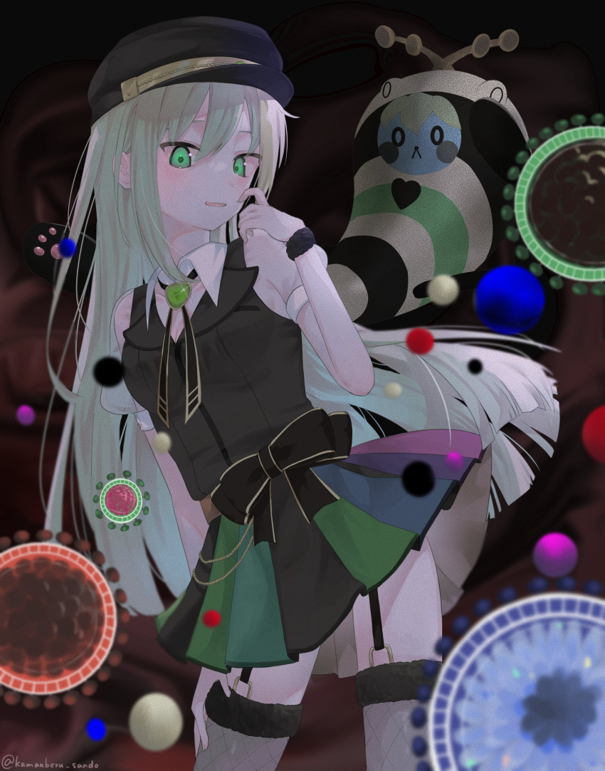 1girl absurdres alina_gray black_bow black_headwear black_vest bow breasts doppel_(madoka_magica) finger_to_cheek fur_cuffs fur_trim gem green_eyes green_gemstone green_hair hair_between_eyes hand_on_own_leg hat highres kamanberu_sando long_hair looking_at_viewer magia_record:_mahou_shoujo_madoka_magica_gaiden magical_girl mahou_shoujo_madoka_magica medium_breasts multicolored_clothes multicolored_hair multicolored_skirt old_dorothy peaked_cap pleated_skirt puffy_short_sleeves puffy_sleeves short_sleeves sidelocks skirt sleeve_cuffs smile solo straight_hair streaked_hair striped striped_skirt thighhighs v-neck vertical-striped_skirt vertical_stripes very_long_hair vest waist_bow