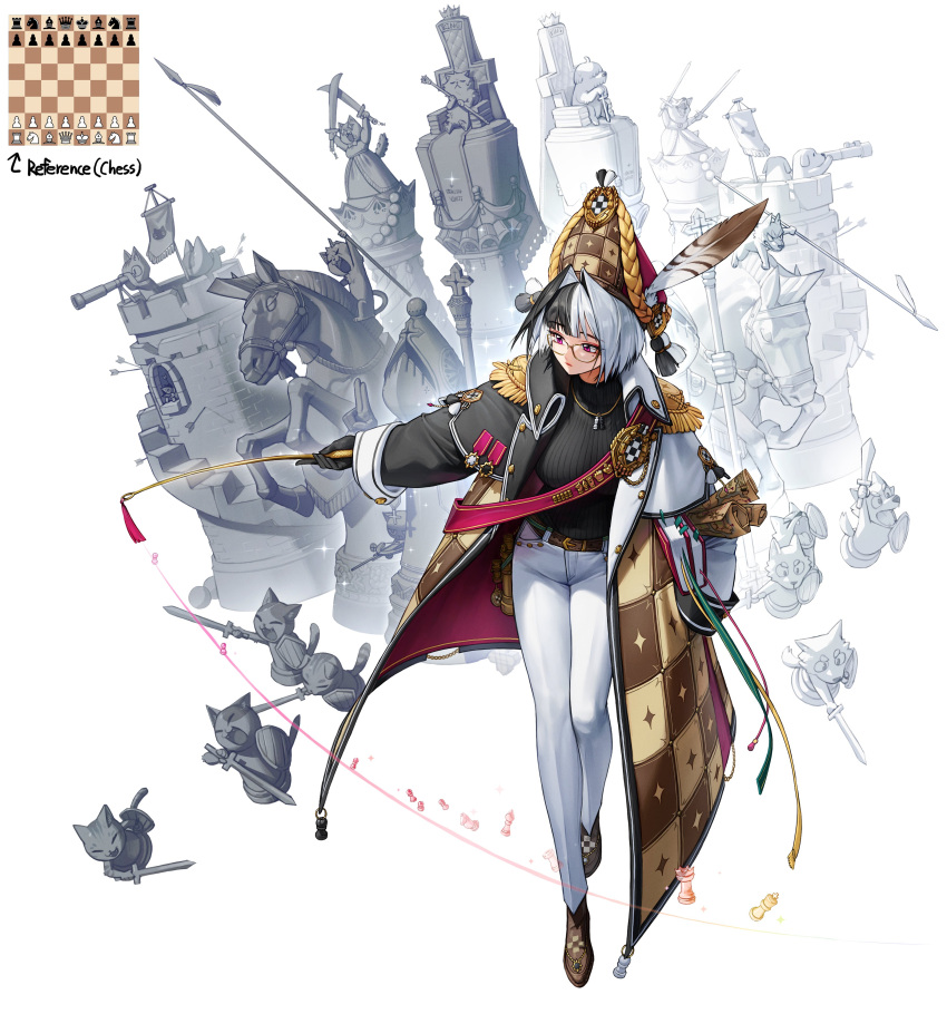 1girl absurdres belt bishop_(chess) black_gloves black_hair board_game cat checkered_clothes chess chess_piece chessboard dog epaulettes fringe_trim full_body glasses gloves hand_in_pocket hat hat_feather highres horse jewelry king_(chess) knight_(chess) long_coat multicolored_hair necklace original pawn_(chess) queen_(chess) red_eyes rinotuna rook_(chess) split-color_hair throne two-tone_hair white_background white_hair