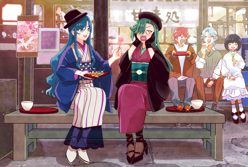 2boys 3girls black_gloves black_hair blue_(happinesscharge_precure!) blue_eyes blue_hair dango delicious_party_precure fedora food fuwa_hatsuko gloves green_hair hands_on_own_cheeks hands_on_own_face happinesscharge_precure! hat highres japanese_clothes kimono long_hair monster_rally multiple_boys multiple_girls precure queen_mirage red_(happinesscharge_precure!) red_hair secretoru_(precure) sitting smile very_long_hair wagashi yellow_eyes