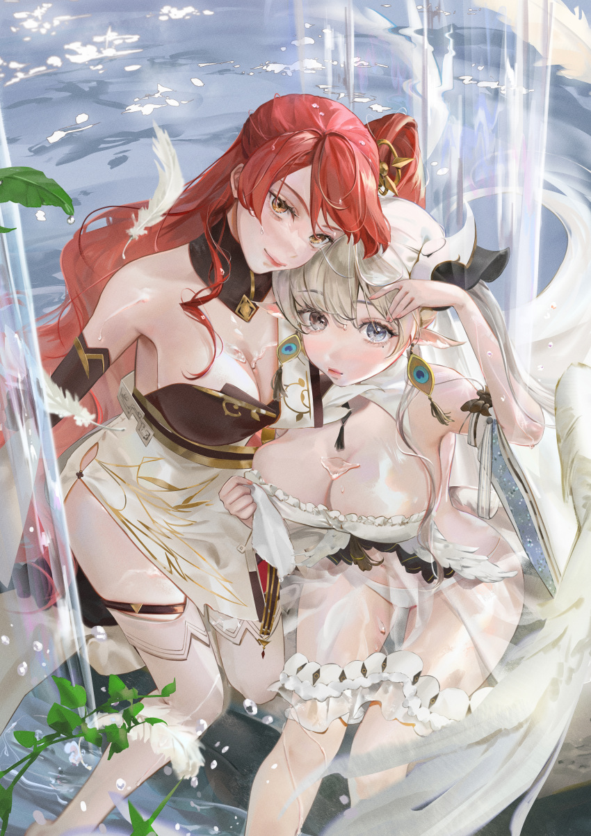 2girls absurdres animal_ears bangs bird_ears bird_girl bird_wings black_gloves breasts bust_cup chinese_commentary cleavage closed_mouth commentary_request covered_navel detached_collar dress earrings echocalypse elbow_gloves feathered_wings feathers feet_out_of_frame firentia_(echocalypse) gloves grey_eyes hair_ornament hand_up highres jewelry juanone88 large_breasts leaf lips long_hair looking_at_viewer looking_up mole mole_under_eye multiple_girls outdoors panties plant pointy_ears red_hair see-through see-through_dress side_slit tassel tassel_earrings thighhighs two_side_up underwear very_long_hair vivi_(echocalypse) water wet white_dress white_feathers white_hair white_panties white_thighhighs white_wings wings yellow_eyes