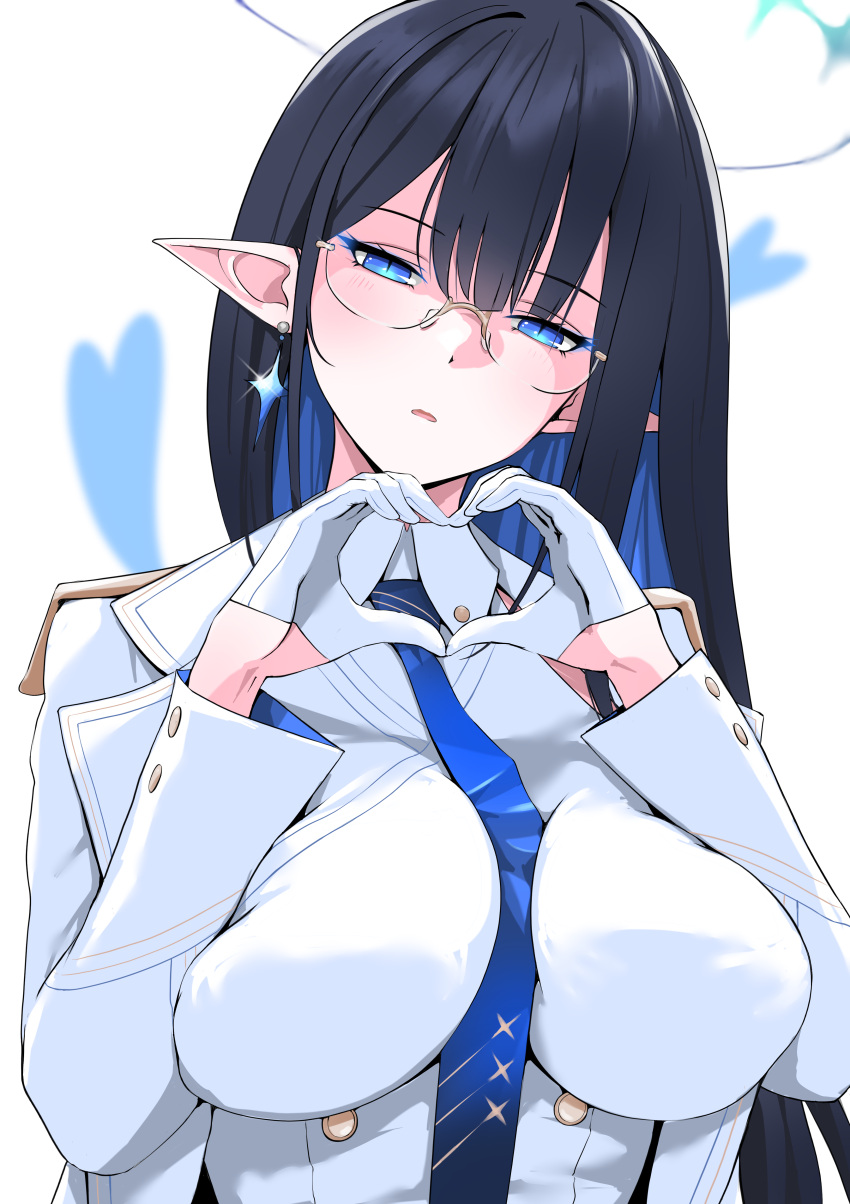 1girl absurdres bangs between_breasts black_hair blue_archive blue_eyes breasts cross earrings gloves heart heart_hands highres jacket jewelry large_breasts long_hair long_sleeves looking_at_viewer necktie necktie_between_breasts p.i.t.d parted_lips pointy_ears rin_(blue_archive) shaded_face shirt simple_background solo star_(symbol) upper_body white_background white_gloves