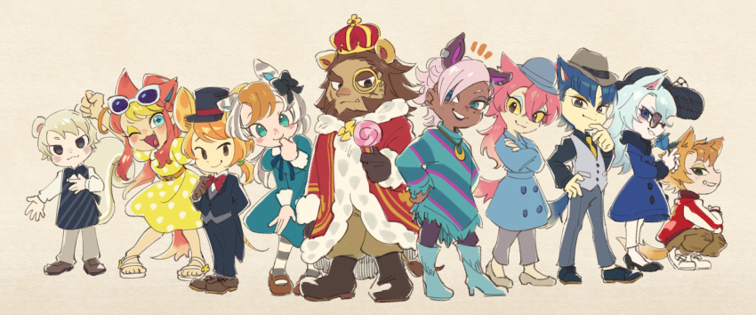 5boys 5girls :3 ;3 ;d animal_crossing animal_ears apron aqua_eyes asymmetrical_hair audie_(animal_crossing) belt_buckle black_bow black_eyes black_footwear black_gloves black_headwear blonde_hair blue_apron blue_bow blue_bowtie blue_coat blue_dress blue_eyes blue_eyeshadow blue_flower blue_footwear blue_hair blue_headwear blue_tail boots bow bowtie bracelet brown_eyes brown_footwear brown_pants buckle buttons candy chadder_(animal_crossing) chief_(animal_crossing) closed_mouth coat colored_sclera cross_scar crossed_arms crown dark-skinned_female dark-skinned_male dark_blue_hair dark_skin dress earrings elvis_(animal_crossing) extra_ears eyeshadow eyewear_on_head facial_mark fang fang_out fedora flower food freya_(animal_crossing) fringe_trim fur-trimmed_sleeves fur_collar fur_trim gloves grey_hair grey_headwear grey_pants grey_vest hair_bow hands_on_hips hat high_heel_boots high_heels highres holding holding_flower horse_ears horse_girl jacket jewelry leaf light_blue_hair lion_boy lion_ears lion_tail lollipop long_hair long_sleeves looking_at_viewer makeup marshal_(animal_crossing) mary_janes mouse_boy mouse_ears mouse_tail multicolored_hair multiple_boys multiple_earrings multiple_girls necklace necktie one_eye_closed open_mouth orange_belt orange_eyeshadow orange_hair orange_tail pants pantyhose personification pink_hair pink_tail polka_dot polka_dot_dress poncho ponytail purple-tinted_eyewear purple_eyes red_bow red_bowtie red_headwear reneigh_(animal_crossing) sandals savannah_(animal_crossing) scar scar_on_face shoes short_hair smile squatting squirrel_boy squirrel_ears squirrel_tail standing streaked_hair striped striped_apron striped_pantyhose sunglasses tail tinted_eyewear top_hat track_jacket tuxedo two-tone_hair ukata vest white-framed_eyewear white_footwear white_hair whitney_(animal_crossing) wolf_boy wolf_ears wolf_girl wolf_tail wolfgang_(animal_crossing) yellow_dress yellow_eyeshadow yellow_necktie yellow_sclera zebra_ears zebra_girl