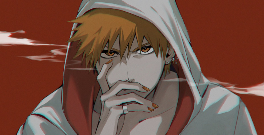 1boy bleach commentary earrings highres hood hoodie jewelry konetaa kurosaki_ichigo looking_at_viewer male_focus orange_eyes orange_hair orange_nails red_background ring short_hair solo spiked_hair symbol-only_commentary white_hoodie