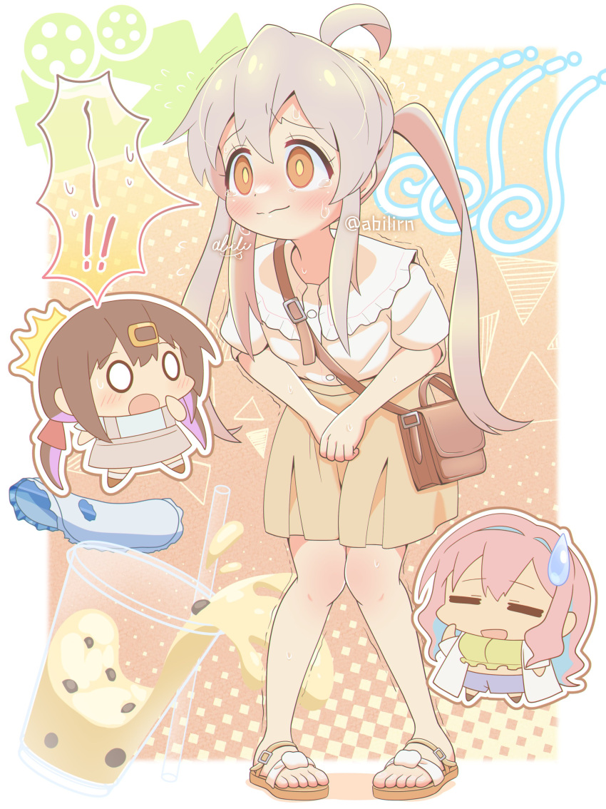 ! !! 3girls =_= ^^^ absurdres ahoge artist_name bag bangs blue_hair blush border brown_footwear brown_hair brown_outline bubble_tea buttons chibi chibi_inset chromatic_aberration closed_mouth commentary_request cup disposable_cup drink drinking_straw embarrassed feet flat_chest full_body hair_ornament hairclip have_to_pee highres hozuki_kaede knees_together_feet_apart leaning_forward long_hair looking_at_another miniskirt multicolored_hair multiple_girls nervous nose_blush o_o onii-chan_wa_oshimai! orange_background orange_eyes outline outside_border own_hands_together oyama_mahiro oyama_mihari pigeon-toed pink_hair pleated_skirt pokemer purple_hair raised_eyebrows sandals shirt shirt_tucked_in short_sleeves shoulder_bag sidelocks signature skirt solo_focus spilling split_mouth spoken_exclamation_mark standing sweat sweatdrop tears toes trembling twintails twitter_username two-tone_hair urine_meter wavy_mouth white_border white_eyes white_outline white_shirt wide-eyed yellow_pupils yellow_skirt