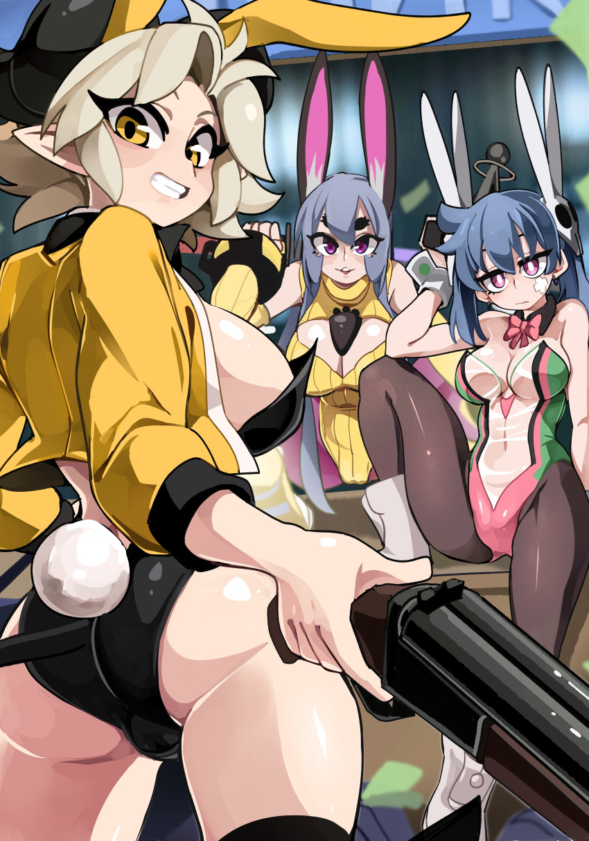 3girls absurdres animal_ears ass blonde_hair blue_hair blush bongfill borrowed_character breasts bright_pupils brown_eyes brown_pantyhose cleavage closed_mouth demon_girl demon_horns demon_tail earrings grey_hair grin gun highres holding holding_gun holding_weapon horns jewelry ji-yoon_(jourd4n) large_breasts long_hair looking_at_viewer multiple_girls original pantyhose parted_lips pink_eyes purple_eyes purple_pantyhose rabbit_ears rabbit_girl rabbit_tail short_hair smile susan_(rakeemspoon) tail tank_(bongfill) teeth weapon white_pupils wrist_cuffs