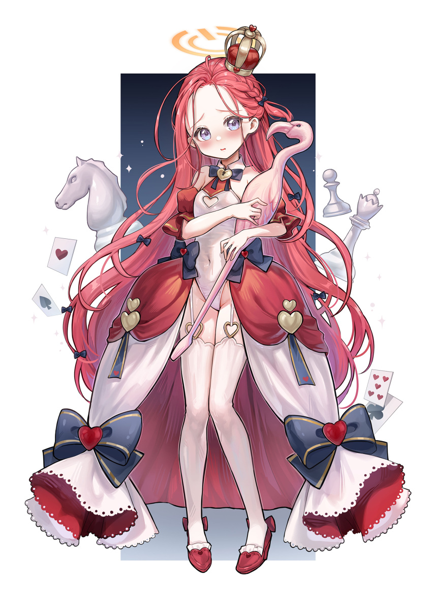 1girl alice_in_wonderland bangs bird blue_archive blush bow breasts card chess_piece cleavage_cutout clothing_cutout cosplay covered_navel croquet crown dress embarrassed flamingo footwear_bow forehead frilled_dress frills full_body garter_straps halo halterneck head_tilt heart heart-shaped_lock heart_cutout highres knees_together_feet_apart leotard looking_at_viewer neck_ribbon off_shoulder open_clothes open_dress orange_hair parted_bangs parted_lips picter pigeon-toed playing_card queen_of_hearts_(alice_in_wonderland) queen_of_hearts_(alice_in_wonderland)_(cosplay) red_footwear ribbon small_breasts solo standing thighhighs white_leotard white_thighhighs yuzu_(blue_archive)