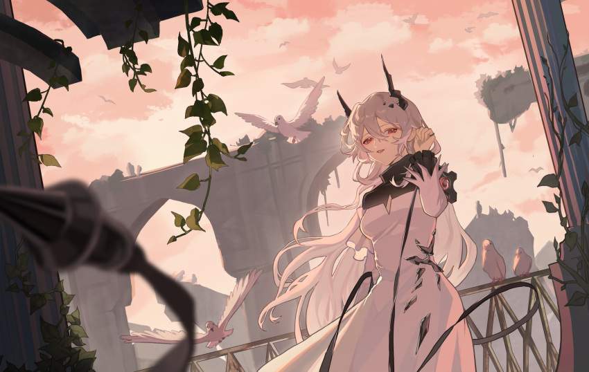 1girl adjusting_hair arch arknights bird bridge broken_bridge chinese_commentary cloud cloudy_sky column commentary_request cowboy_shot demon_girl demon_horns dove dress eyebrows_hidden_by_hair fingernails hair_between_eyes hand_up highres horns ivy lips long_sleeves looking_at_viewer mingrifangzhouteleixiyatongrenzhuye oripathy_lesion_(arknights) parted_lips pillar pink_dress pink_hair railing red_eyes sky smile solo theresa_(arknights) white_bird