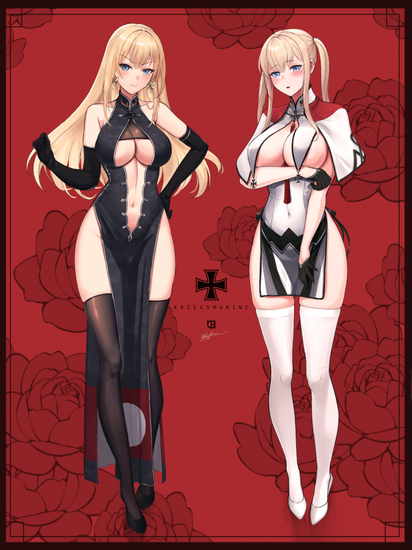 2girls adapted_costume artist_name bismarck_(kancolle) black_dress black_footwear black_thighhighs blonde_hair blue_eyes blush breast_curtains breasts capelet chinese_clothes closed_mouth covered_navel cross dress earrings full_body graf_zeppelin_(kancolle) groin hair_between_eyes high_heels highres iron_cross jewelry kantai_collection large_breasts long_hair multiple_girls navel odachu open_mouth pelvic_curtain sidelocks signature smile thighhighs twintails white_capelet white_dress white_footwear white_thighhighs