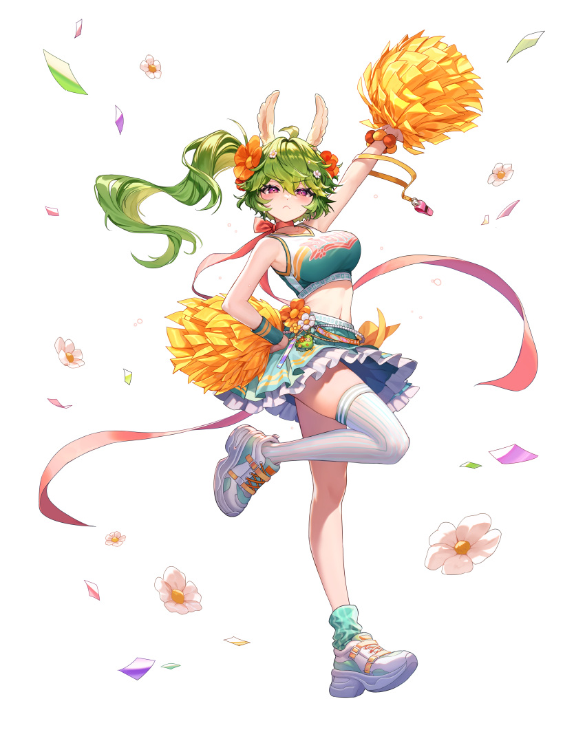 1girl :&lt; absurdres arm_up artist_request asymmetrical_legwear bangs breasts closed_mouth confetti crop_top flower full_body green_hair guardian_tales hair_flower hair_ornament highres long_hair looking_at_viewer mayreel_(guardian_tales) medium_breasts official_art pom_pom_(cheerleading) purple_eyes shoes side_ponytail simple_background single_thighhigh skirt sleeveless solo thighhighs transparent_background white_thighhighs