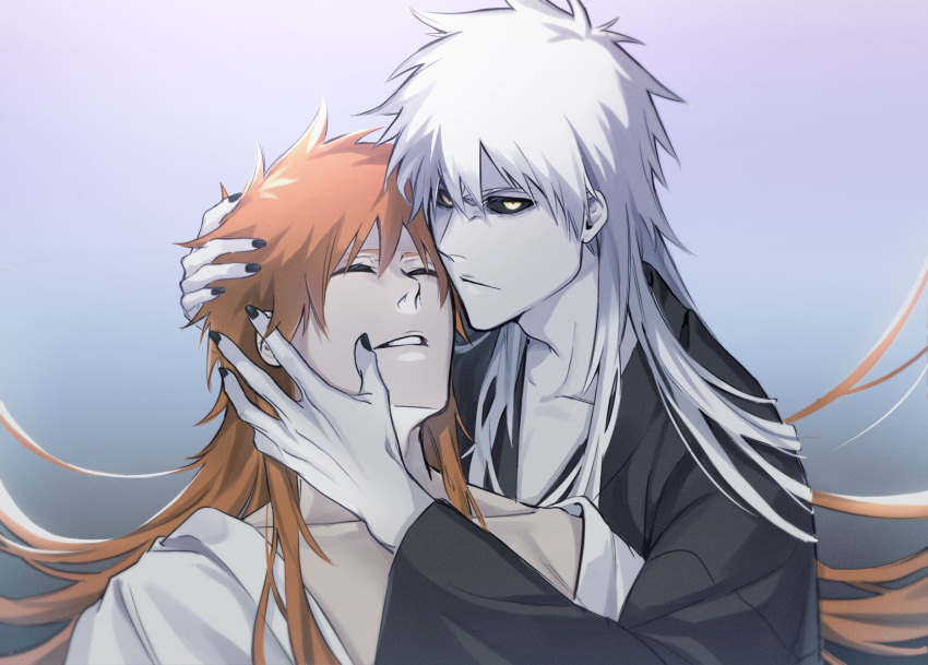 2boys black_nails black_sclera bleach closed_eyes collarbone colored_sclera colored_skin grey_hair grey_skin highres hollow_ichigo konetaa kurosaki_ichigo lips long_hair long_sleeves looking_at_viewer male_focus multiple_boys parted_lips upper_body yellow_eyes