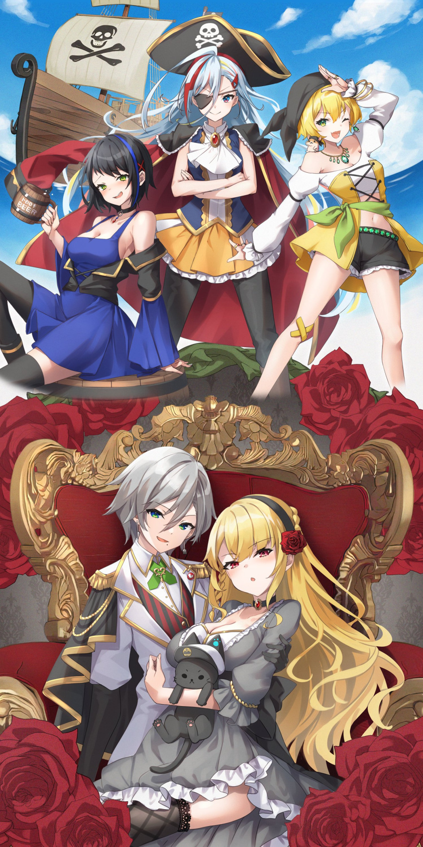 5girls absurdres album_cover animalization ascot beach blonde_hair blue_dress blue_eyes breasts cape cat cleavage cover crossed_arms denonbu detached_sleeves dress eyepatch flower green_eyes grey_dress grey_hair haijima_ginka hair_flower hair_ornament hat highres houou_karin jacket kurogane_tama long_hair long_sleeves looking_at_viewer mole multiple_girls navel official_alternate_costume official_art outdoors pirate_costume pirate_hat pirate_ship red_cape red_eyes red_flower red_rose rose seto_mitsuki_(denonbu) shirokane_aki short_hair sitting skirt smile taiga_lucia thighhighs very_long_hair white_ascot yaki_mayu