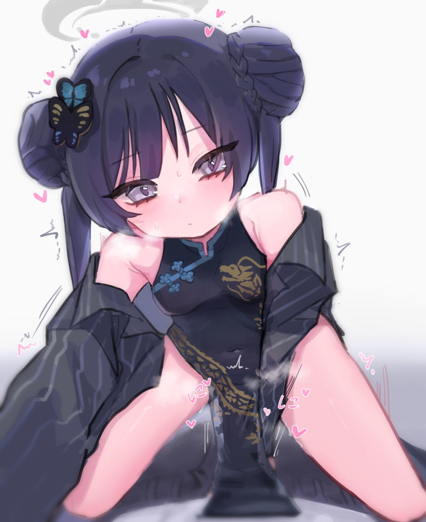 1boy 1girl black_dress blue_archive blush china_dress chinese_clothes clothed_sex cowgirl_position double_bun dragon_print dress girl_on_top hair_bun halo hetero highres kisaki_(blue_archive) long_hair looking_at_viewer nuejotman penis pov purple_eyes see-through see-through_silhouette sex silhouette solo_focus spread_legs straddling white_background