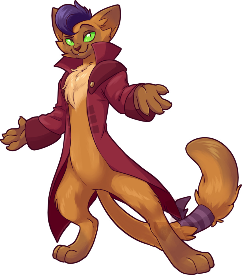 2019 alpha_channel anthro blue_hair brown_body brown_fur brown_nose brown_tail capper_dapperpaws cheek_tuft chest_tuft clothed clothing coat digital_media_(artwork) digitigrade domestic_cat eyebrows facial_tuft felid feline felis fizzy-dog friendship_is_magic full-length_portrait fur green_sclera hair hasbro hi_res inner_ear_fluff male mammal my_little_pony my_little_pony:_the_movie_(2017) open_clothing open_coat open_topwear paws portrait pupils raised_eyebrow simple_background slit_pupils solo tail topwear transparent_background tuft