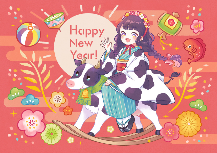 1girl 2021 animal_print ball beachball blush braid chinese_zodiac cow cow_print gemini_(kokoma) highres japanese_clothes kimono koi long_hair nengajou new_year open_mouth original purple_eyes purple_hair scarf sitting smile solo twin_braids year_of_the_ox