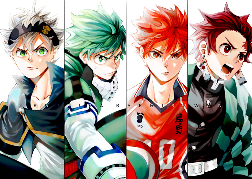 4boys absurdres aikome_(haikome) artist_name asta_(black_clover) ball bangs black_bull_(emblem) black_capelet black_clover black_headband boku_no_hero_academia brown_eyes brown_hair capelet checkered_haori demon_slayer_uniform green_eyes green_hair grey_hair haikyuu!! hair_between_eyes headband highres hinata_shouyou holding holding_ball kamado_tanjirou karasuno_volleyball_uniform kimetsu_no_yaiba looking_at_viewer looking_away male_focus mask midoriya_izuku mouth_mask multiple_boys open_mouth orange_eyes orange_hair ruttika_shin short_hair spiked_hair sportswear upper_body volleyball volleyball_uniform white_background