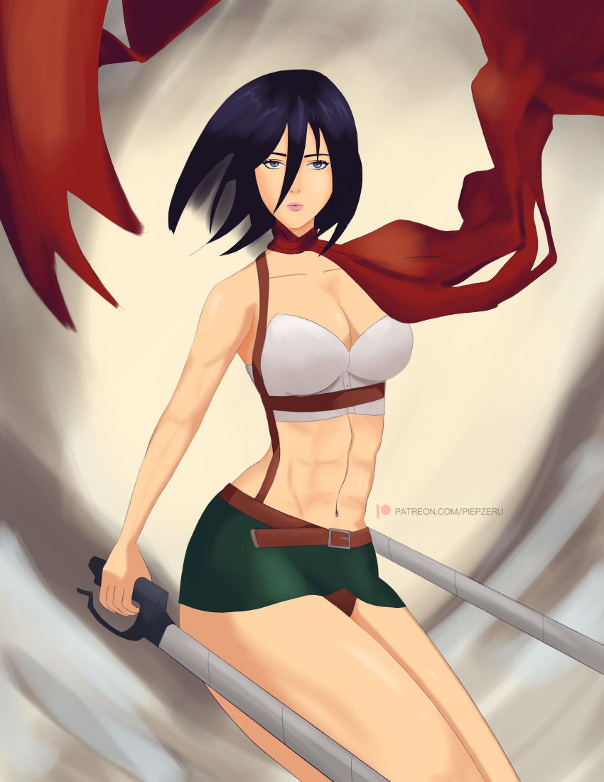 absurdres attackontitan breasts highres mikasaackerman musclegirl muscular paid_reward_available patreon piepzeru shingekinokyojin sword teasing thighs weapon