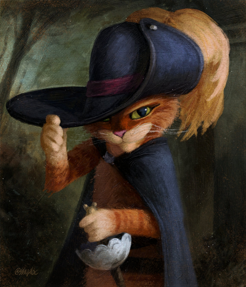 1boy animal_nose arm_up black_cape cape cat_boy cavalier_hat closed_mouth feathers furry furry_male green_eyes hat hat_feather highres holding holding_sword holding_weapon looking_at_viewer male_focus orange_cat orange_fur puss_in_boots puss_in_boots:_the_last_wish puss_in_boots_(shrek) shuploc solo standing sword weapon yellow_feathers