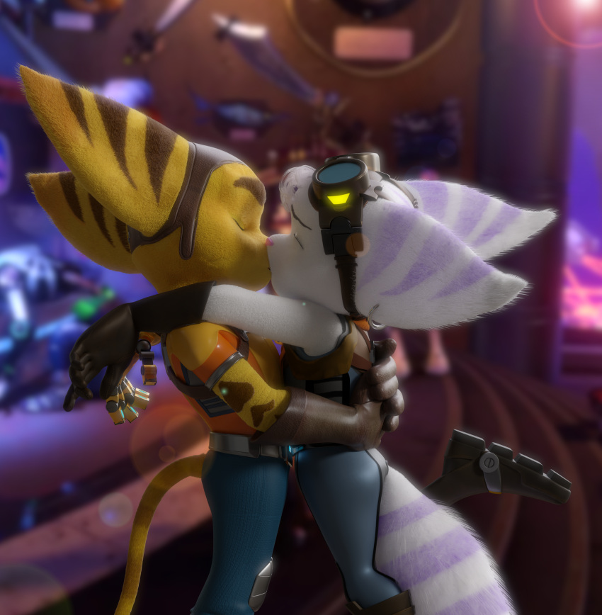 3d_(artwork) absurd_res big_butt blender_(software) boots butt clothing digital_media_(artwork) duo embrace eyes_closed eyewear female footwear fur fynamic gloves goggles handwear hi_res hug insomniac_games kiss_on_lips kissing lombax male male/female mammal raised_leg ratchet ratchet_and_clank realistic_fur rivet_(ratchet_and_clank) robotic_arm romantic romantic_ambiance romantic_couple sony_corporation sony_interactive_entertainment white_body white_fur yellow_body yellow_fur