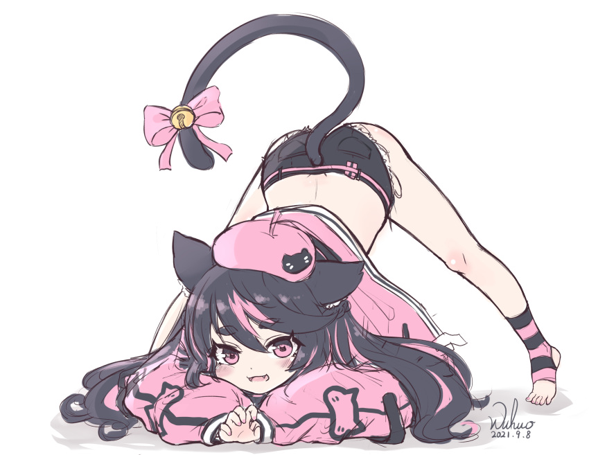 1girl animal_ear_fluff animal_ears arched_back arm_rest artist_name ass bell black_hair black_shorts blush cat_ears cat_tail cutoffs dated fang feet flexible full_body hands_on_ground hat highres jack-o'_challenge jacket jingle_bell legs legs_apart long_hair meme multicolored_hair no_shoes open_mouth original pink_eyes pink_headwear pink_jacket ribbon short_shorts shorts sketch smile socks solo spread_legs streaked_hair stretching striped striped_socks tail tail_ornament tail_ribbon thighs toeless_footwear toes top-down_bottom-up wide_spread_legs wuhuo