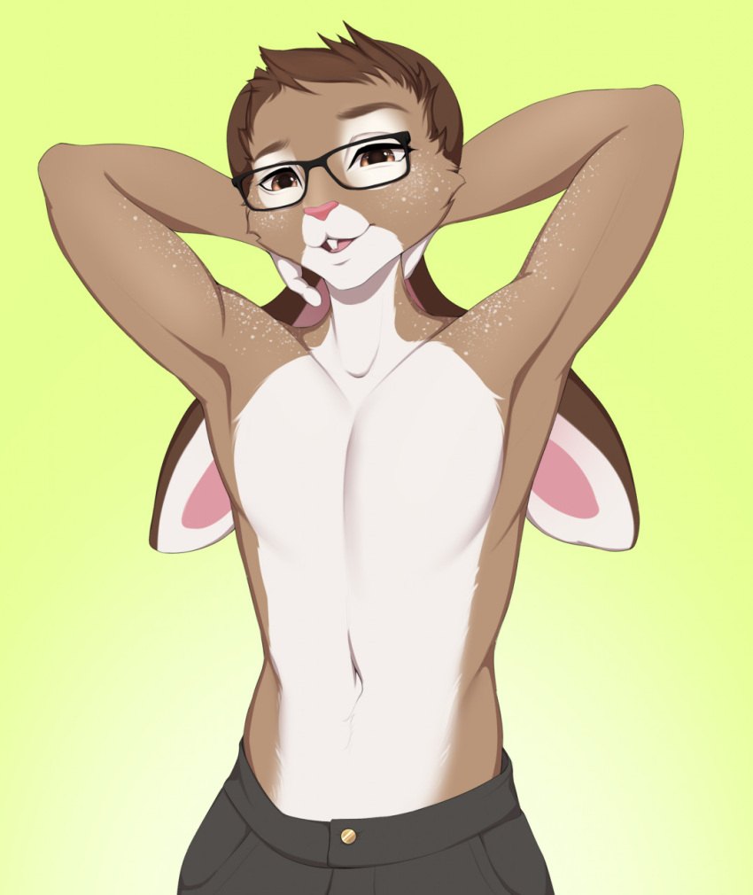 anthro bottomwear brown_hair buckteeth clothed clothing digital_media_(artwork) eyebrows eyewear glasses gradient_background green_background hair half-length_portrait hi_res lagomorph leporid long_ears looking_at_viewer male mammal navel open_mouth pants pink_inner_ear pink_nose portrait rabbit raised_arms shaded simple_background solo standing teeth topless v3nusbby