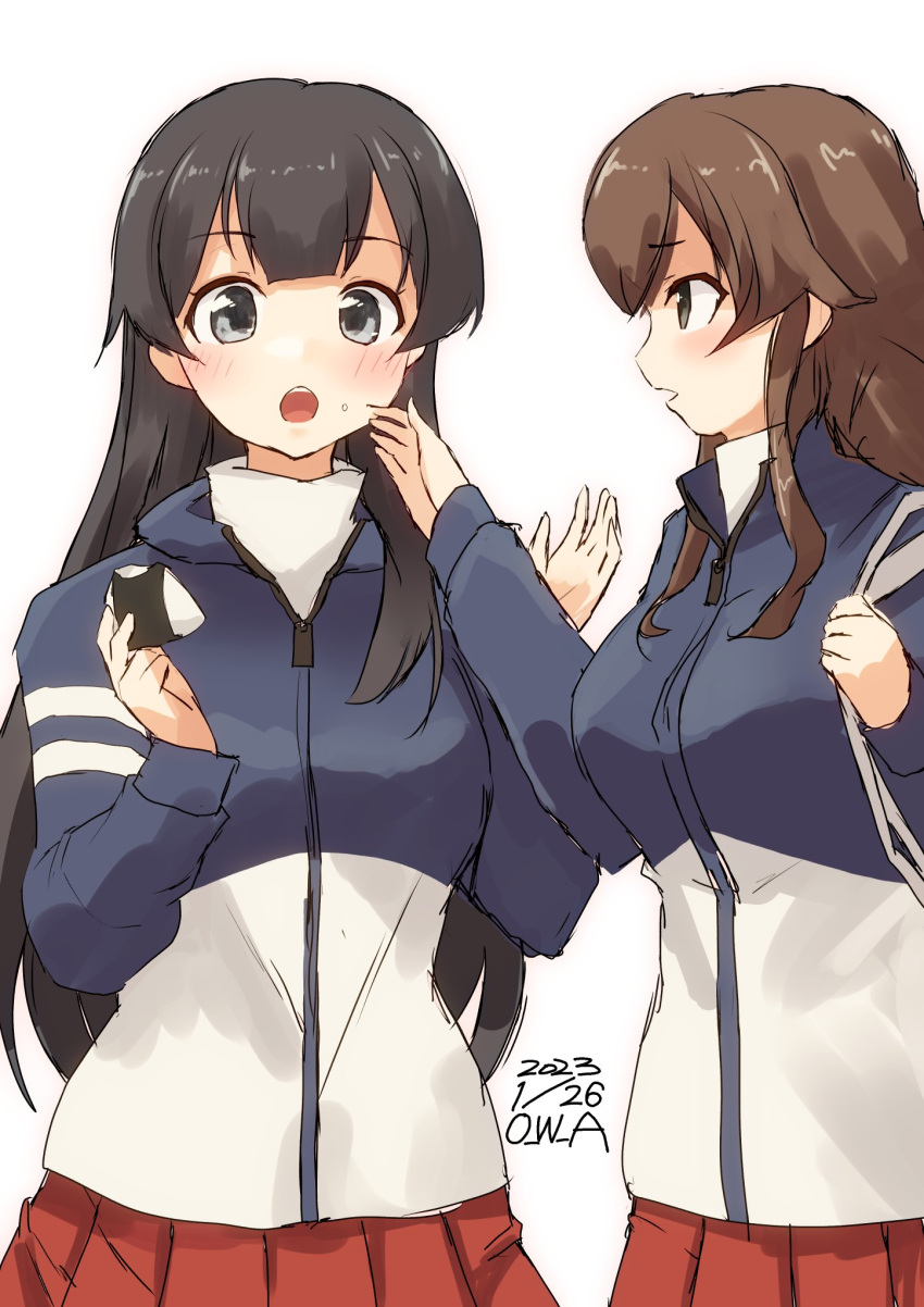 2girls agano_(kancolle) bangs black_hair braid brown_hair food green_eyes highres jacket kantai_collection long_hair multicolored_clothes multicolored_jacket multiple_girls noshiro_(kancolle) onigiri owa_(ishtail) pointing red_skirt simple_background skirt swept_bangs twin_braids two-tone_jacket upper_body white_background