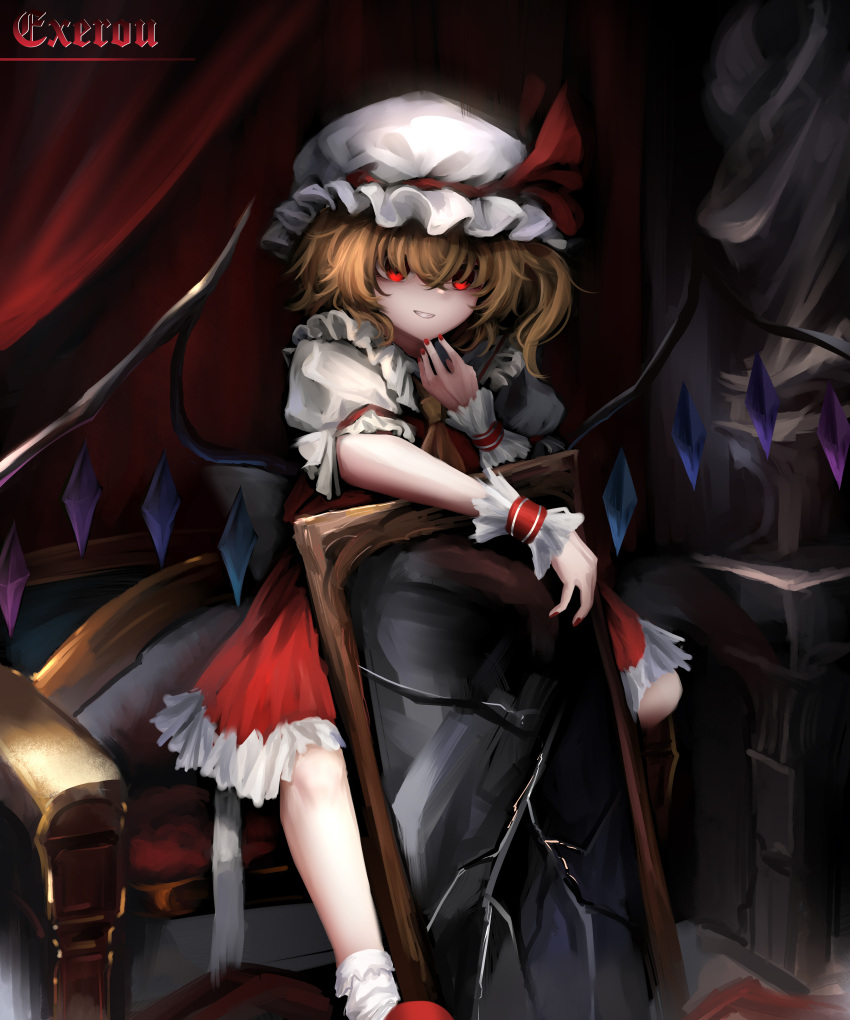 absurdres ascot back_bow blonde_hair bow broken_mirror collared_shirt crystal fang flandre_scarlet frilled_shirt_collar frilled_skirt frilled_sleeves frills hat hat_ribbon highres indoors medium_hair mirror mob_cap one_side_up puffy_short_sleeves puffy_sleeves red_eyes red_footwear red_ribbon red_skirt red_vest ribbon shirt short_sleeves skirt skirt_set smile top-exerou touhou vest white_bow white_headwear white_shirt wrist_cuffs yellow_ascot