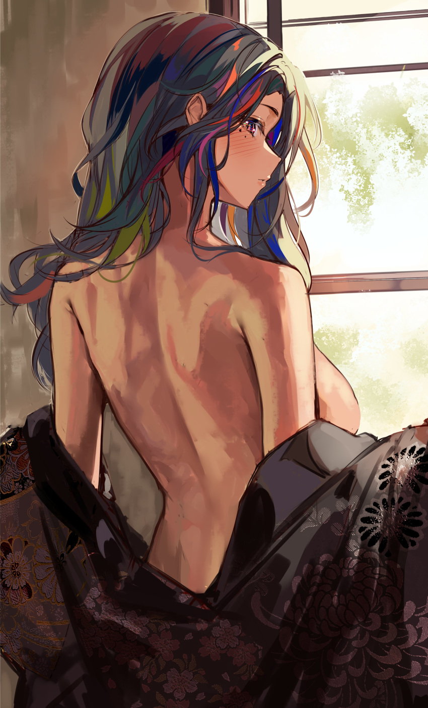 1girl absurdres back bare_shoulders black_hair black_kimono blonde_hair blue_hair blush breasts dark-skinned_female dark_skin floral_print from_behind green_hair highres japanese_clothes kimono kimono_pull large_breasts long_hair looking_at_viewer looking_back mole mole_under_eye multicolored_hair naked_kimono naokomama nijisanji nijisanji_en nude pink_hair red_eyes red_hair scarle_yonaguni solo upper_body virtual_youtuber