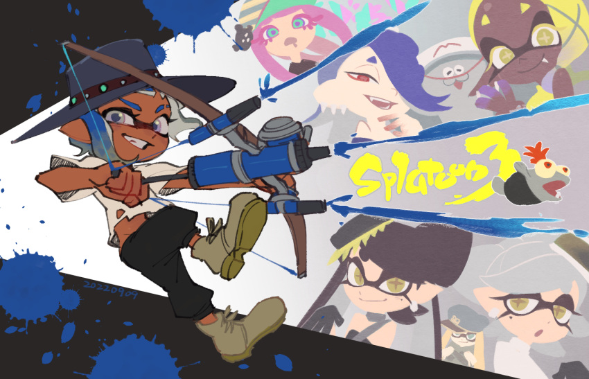 1boy 2022 6+girls :3 :d :o agent_3_(splatoon_3) aqua_eyes asymmetrical_hair baseball_cap big_man_(splatoon) black_gloves black_hair black_pants black_shirt blonde_hair blue_hair blue_headwear bow-shaped_hair bow_(weapon) callie_(splatoon) cephalopod_eyes closed_mouth clownfish colored_eyelashes colored_skin copyright_name cousins cross-shaped_pupils d: dark-skinned_female dark_skin dated drawing_bow drooling earrings eyebrow_cut eyeliner fang fang_out fish frye_(splatoon) gloves grey_eyes grey_hair grin groin hair_over_one_eye harmony's_clownfish_(splatoon) harmony_(splatoon) hat holding holding_bow_(weapon) holding_weapon horizontal_pupils inkling inkling_girl jewelry leg_up little_buddy_(splatoon) makeup manta_ray marie_(splatoon) mole mole_under_eye multi-tied_hair multicolored_hair multicolored_skin multiple_earrings multiple_girls neck_ring no_nose open_mouth paint_splatter pants peaked_cap pink_hair pink_pupils pointy_ears purple_hair purple_pupils purple_skin red_eyeliner red_skin salmonid shirt shiver_(splatoon) short_eyebrows short_hair short_sleeves sideways_hat smallfry_(splatoon) smile splatoon_(series) splatoon_3 striped striped_headwear suction_cups sweatpants symbol-shaped_pupils tentacle_hair tooth_earrings torn_clothes torn_shirt tri-stringer_(splatoon) two-tone_hair two-tone_skin ukata weapon yellow_eyes
