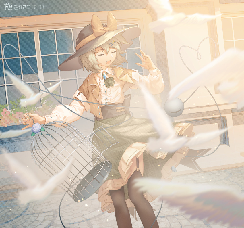 1girl adapted_costume birdcage black_headwear black_pantyhose cage closed_eyes collared_shirt dated eyeball fang feet_out_of_frame frilled_skirt frills furahata_gen green_hair green_skirt hat hat_ribbon heart heart_of_string highres komeiji_koishi layered_sleeves long_sleeves open_mouth pantyhose ribbon shirt short_hair short_over_long_sleeves short_sleeves signature skirt smile solo third_eye touhou white_shirt yellow_ribbon