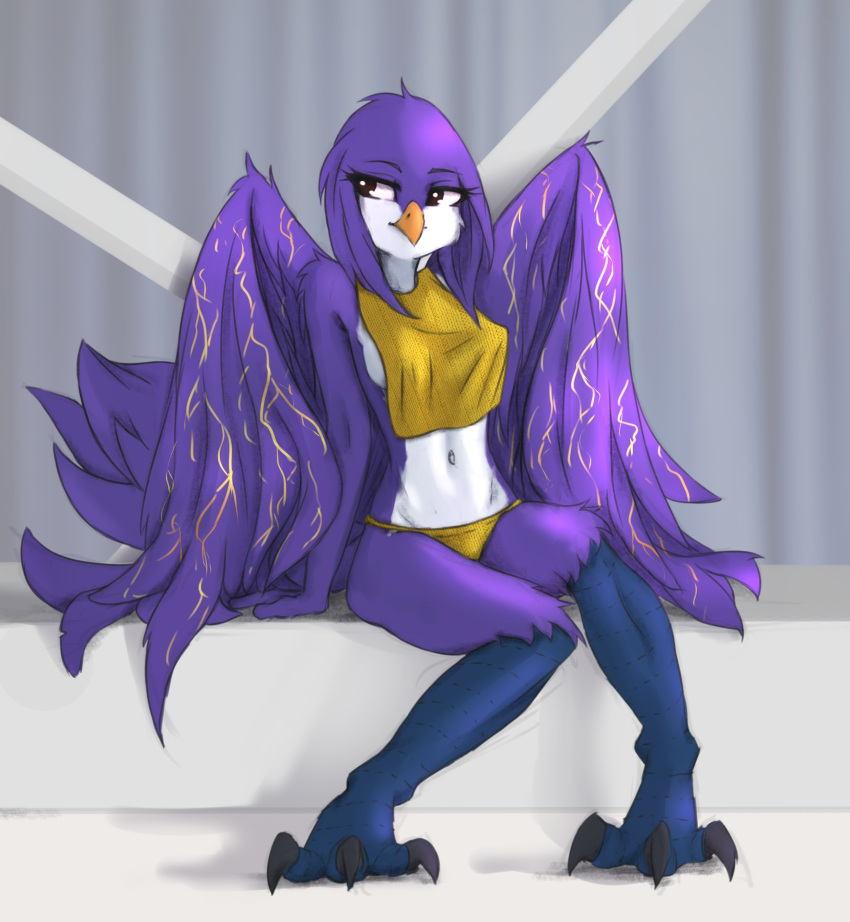 3_talons 3_toes absurd_res anthro arm_support arm_tuft avian beak black_talons breasts brown_eyes cheek_tuft clothing cowlick eyelashes facial_tuft feathers feet female fur hair hi_res long_hair looking_aside multicolored_body multicolored_fur navel orange_beak panties purple_body purple_feathers purple_fur purple_hair shadow side_boob simple_background sitting solo tinygaypirate toes topwear tuft two_tone_body two_tone_fur underwear wings yellow_body yellow_fur