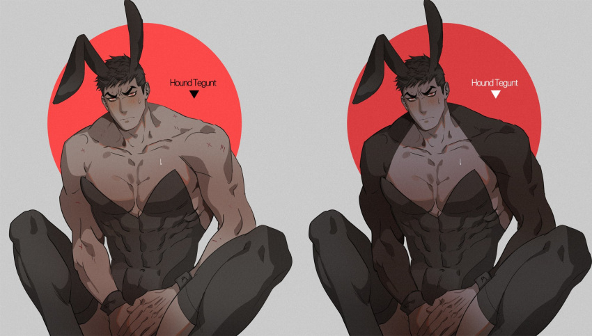 1boy 1thousand9 abs animal_ears bara bare_shoulders black_hair black_leotard black_thighhighs blush butterfly_sitting covered_abs covering covering_crotch dark-skinned_male dark_skin embarrassed fake_animal_ears highres leotard looking_at_viewer male_focus male_playboy_bunny muscular muscular_male orange_eyes original pectorals rabbit_ears scar short_hair simple_background sitting skin_tight strapless strapless_leotard sweatdrop thighhighs wrist_cuffs