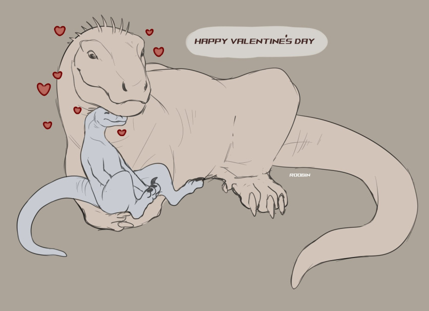 &lt;3 ambiguous_gender artist_name claws closed_smile dinosaur duo english_text eyes_closed feral happy head_spikes hi_res lying mouth_closed on_front reptile roobin scalie slight_smile spikes spikes_(anatomy) tail text