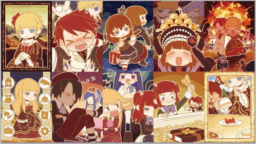 3boys 6+girls aluce androgynous beatrice_(umineko) black_hair blonde_hair blue_eyes blue_hair border braid braided_bun brooch brown_hair candy crown crying dress eva_beatrice explosion family_crest finger_to_mouth food frederica_bernkastel gold grey_border grey_eyes hair_bobbles hair_bun hair_ornament jewelry kanon_(umineko) lolita_fashion long_hair multiple_boys multiple_girls popcorn red_hair shannon_(umineko) short_hair shushing twintails umineko_no_naku_koro_ni ushiromiya_ange ushiromiya_battler ushiromiya_jessica ushiromiya_lion ushiromiya_maria ushiromiya_rosa virgilia_(umineko)