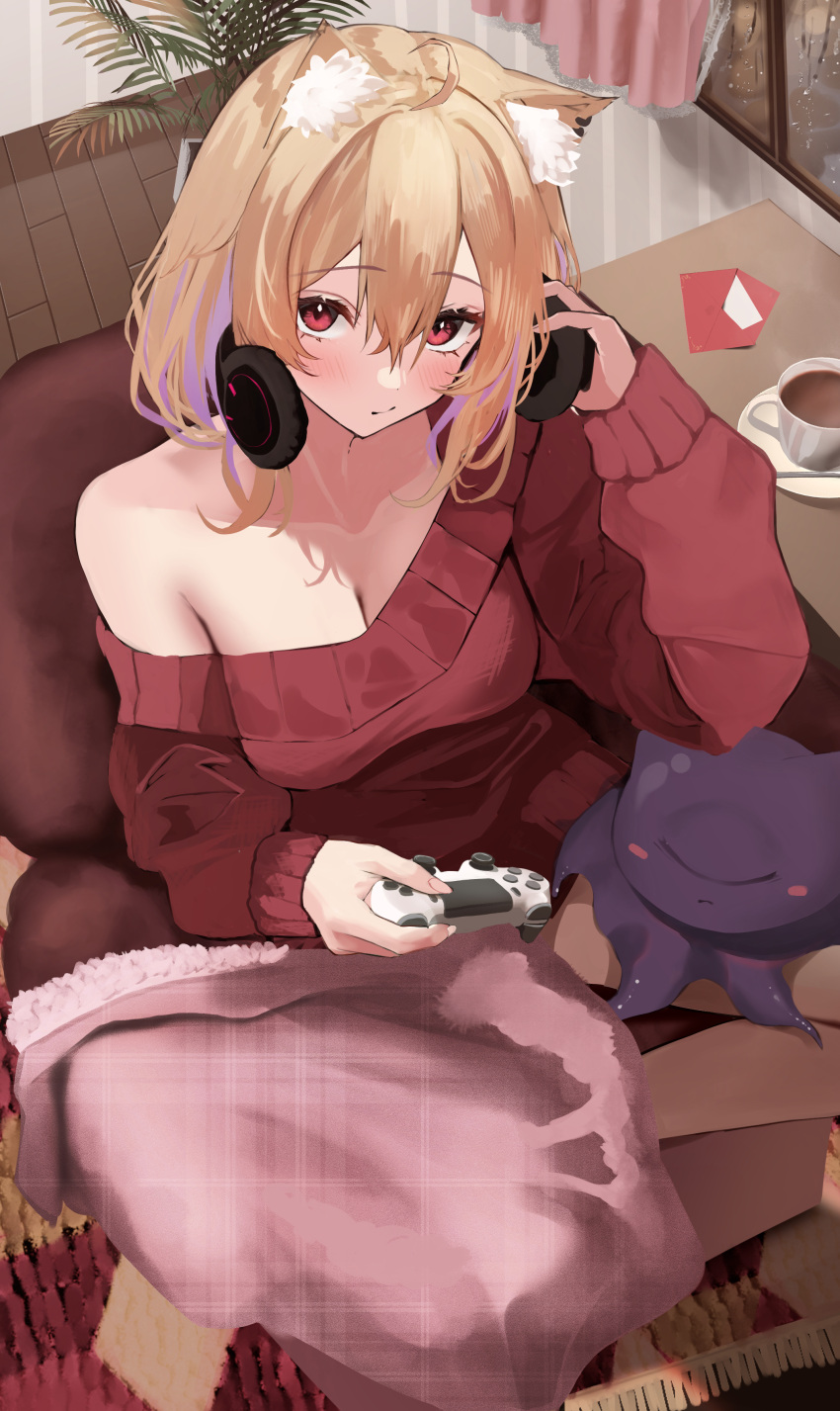 1girl absurdres ahoge animal_ear_fluff animal_ears bangs bare_shoulders blonde_hair blush breasts cat_ears cleavage closed_mouth coffee_mug collarbone commentary_request commission controller couch cup game_controller hair_between_eyes hand_up hands_on_headphones highres holding holding_controller holding_game_controller indoors large_breasts long_bangs long_sleeves looking_at_viewer looking_up medium_hair mug octopus off-shoulder_sweater off_shoulder on_couch oreazu red_eyes red_sweater shyrei_faolan sitting skeb_commission solo sweater table vyugen